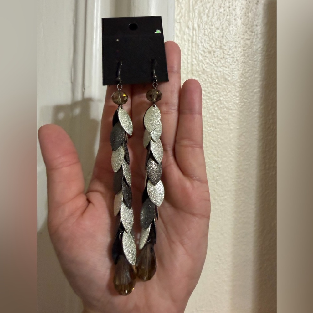 Elegant Black and Silver Leaf Dangle Earrings beautiful 4.5 inches